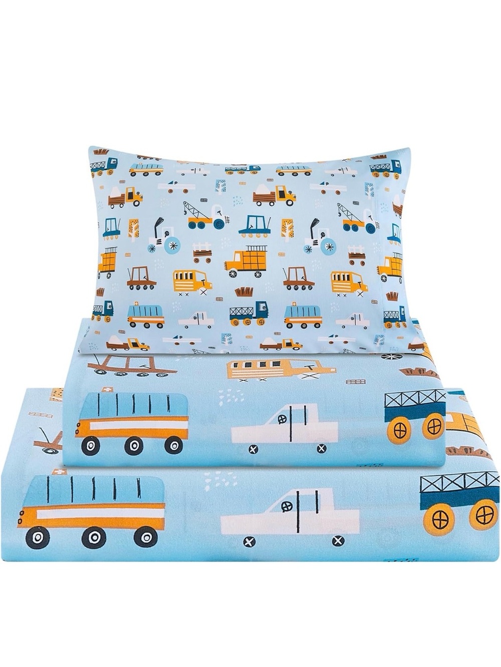 Kids Light Blue Construction Vehicles Sheet Set